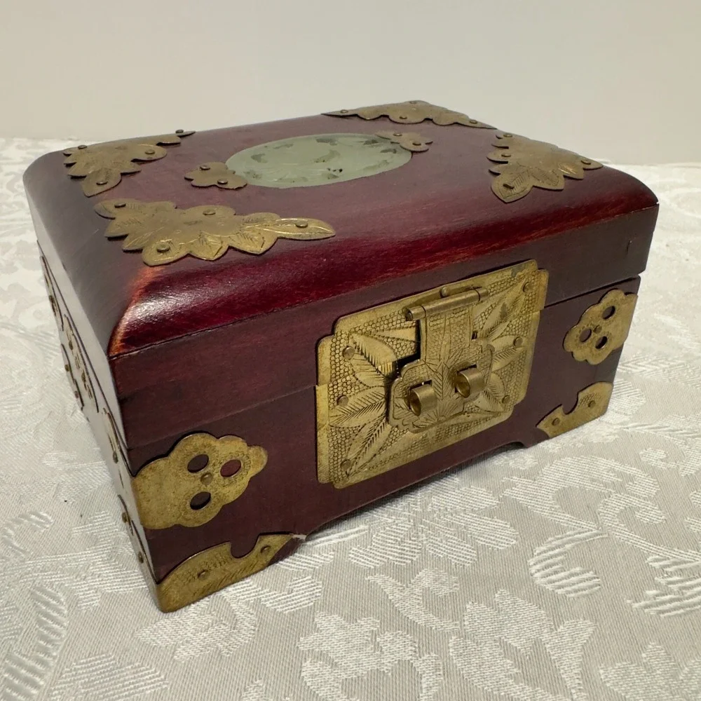 Vintage Chinese Carved Jade Stone & Rosewood Brass Pink Silk Lined Jewelry Box
